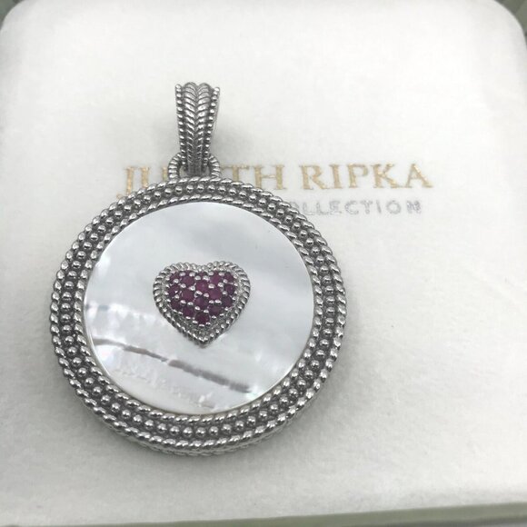 Judith Ripka Sterling Silver Mother of Pearl & Ruby Heart Pendant - Picture 2 of 10
